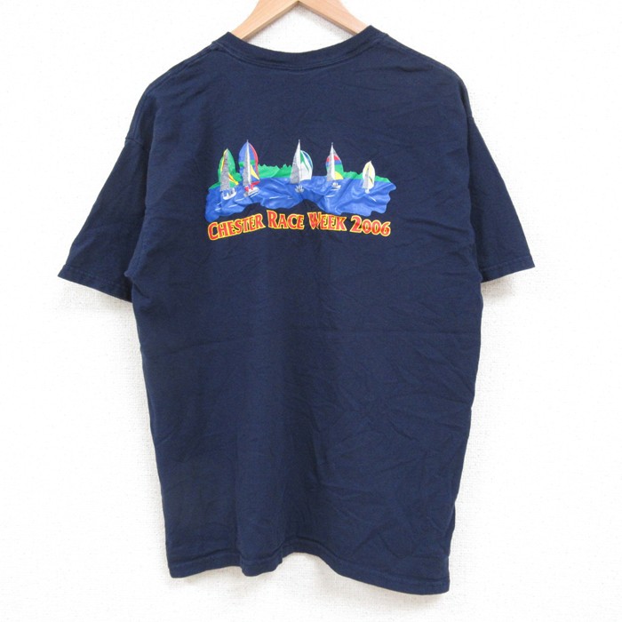 L★古着 半袖 ビンテージ Tシャツ メンズ 00年代 00s ヨット コットン クルーネック 紺 ネイビー 25jun11 中古