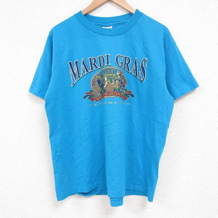 L★古着 ヘインズ Hanes 半袖 ビンテージ Tシャツ メンズ 90年代 90s マルディグラ クルーネック USA製 青 ブルー 25jun11 中古