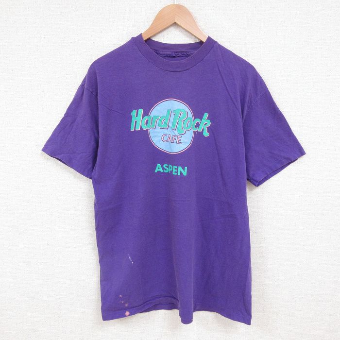 L★古着 半袖 ビンテージ Tシャツ メンズ 90年代 90s ハードロックカフェ アスペン クルーネック 紫 パープル 25jun11 中古