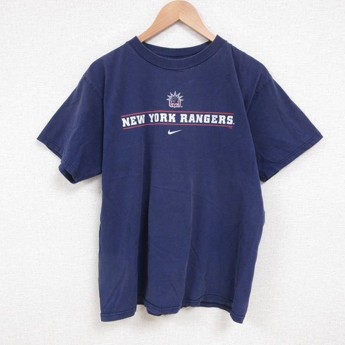 L★古着 ナイキ NIKE 半袖 ビンテージ Tシャツ メンズ 00年代 00s NHL ニューヨークレンジャース コットン クルーネック 紺 ネイビー アイスホッケー 【spe】 25jun11 中古