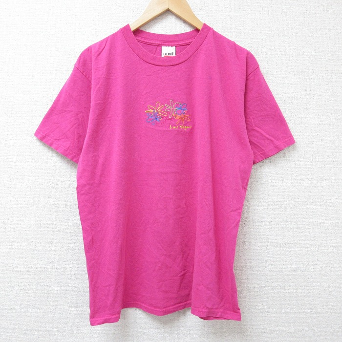 L★古着 半袖 ビンテージ Tシャツ メンズ 00年代 00s ラスベガス 刺繍 コットン クルーネック ピンク 25jun11 中古