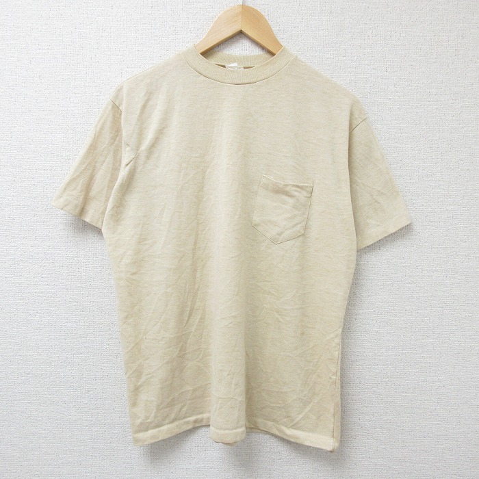 L★古着 半袖 ビンテージ Tシャツ メンズ 80年代 80s 無地 胸ポケット付き クルーネック USA製 ベージュ カーキ 25jun11 中古
