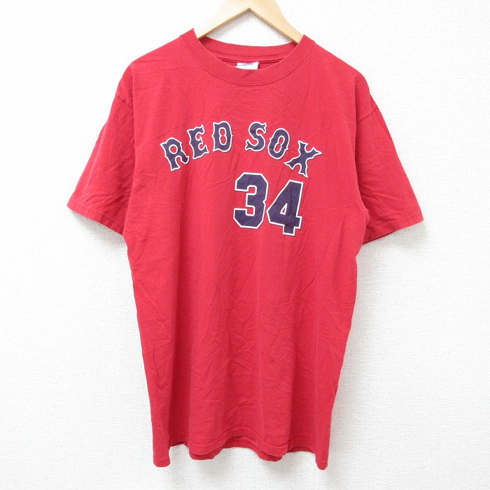 L★古着 マジェスティック 半袖 ビンテージ Tシャツ メンズ 00年代 00s MLB ボストンレッドソックス デビッドオルティーズ 34 コットン クルーネック 赤 レッド メジャーリーグ ベースボール 野球 25jun11 中古