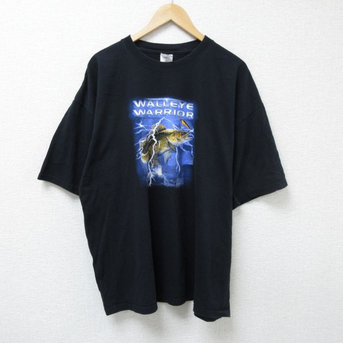 XL★古着 半袖 ビンテージ Tシャツ メンズ 00年代 00s 魚 大きいサイズ コットン クルーネック 黒 ブラック 25jun12 中古