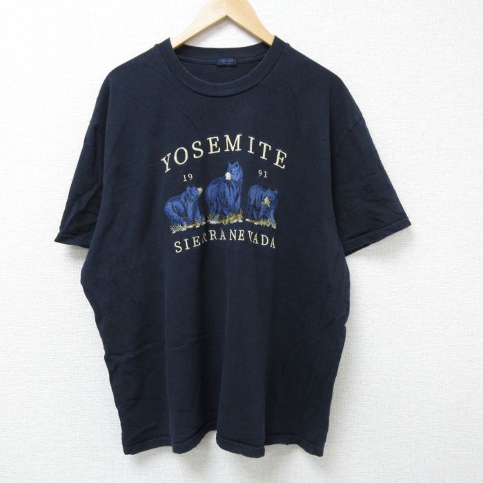 XL★古着 半袖 Tシャツ メンズ クマ 刺繍 大きいサイズ クルーネック 黒 ブラック 25jun12 中古