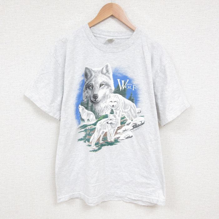 L★古着 半袖 ビンテージ Tシャツ メンズ 90年代 90s オオカミ コットン クルーネック USA製 薄グレー 霜降り 【spe】 25jun12 中古