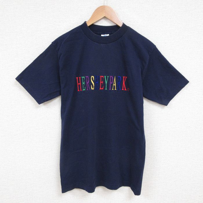 M★古着 半袖 ビンテージ Tシャツ メンズ 90年代 90s HERSHEYPARK 刺繍 コットン クルーネック USA製 濃紺 ネイビー 25jun12 中古