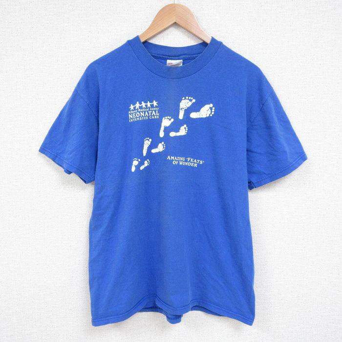 L★古着 ヘインズ Hanes 半袖 ビンテージ Tシャツ メンズ 00年代 00s 足跡 コットン クルーネック 青 ブルー 25jun13 中古