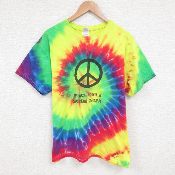 L★古着 半袖 ビンテージ Tシャツ メンズ 00年代 00s ピースマーク コットン クルーネック 黄他 イエロー タイダイ 25jun13 中古