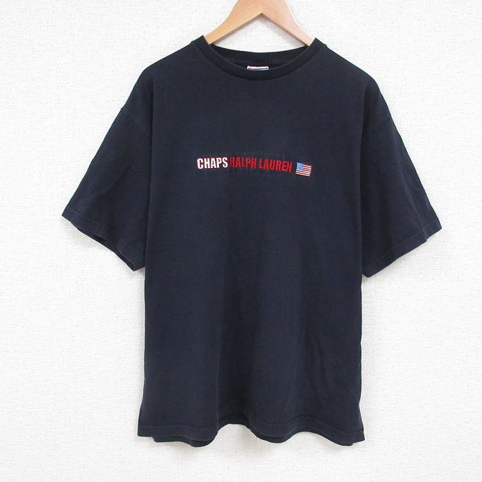 XL★古着 ラルフローレン Ralph Lauren チャップス 半袖 ブランド Tシャツ メンズ 90年代 90s ワンポイントロゴ 大きいサイズ コットン クルーネック 濃紺 ネイビー 25jun13 中古
