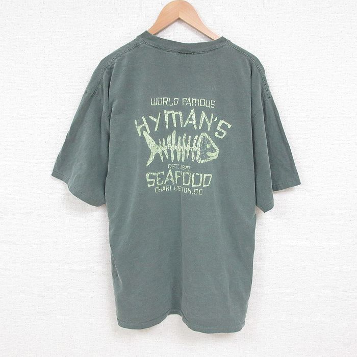 XL★古着 半袖 ビンテージ Tシャツ メンズ 00年代 00s 魚 大きいサイズ コットン クルーネック 薄緑 グリーン 霜降り 25jun13 中古