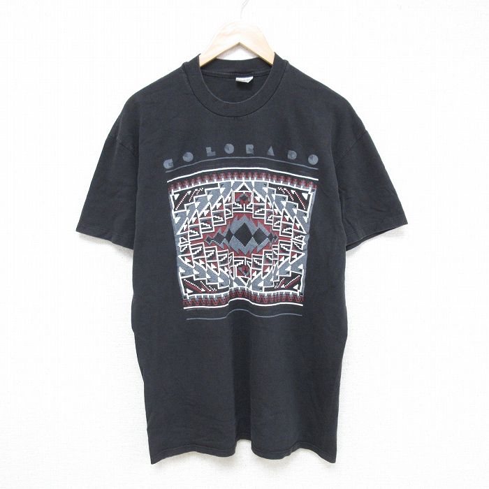 L★古着 半袖 ビンテージ Tシャツ メンズ 80年代 80s ネイティブ柄 ラグ柄 コットン クルーネック USA製 黒 ブラック 25jun14 中古