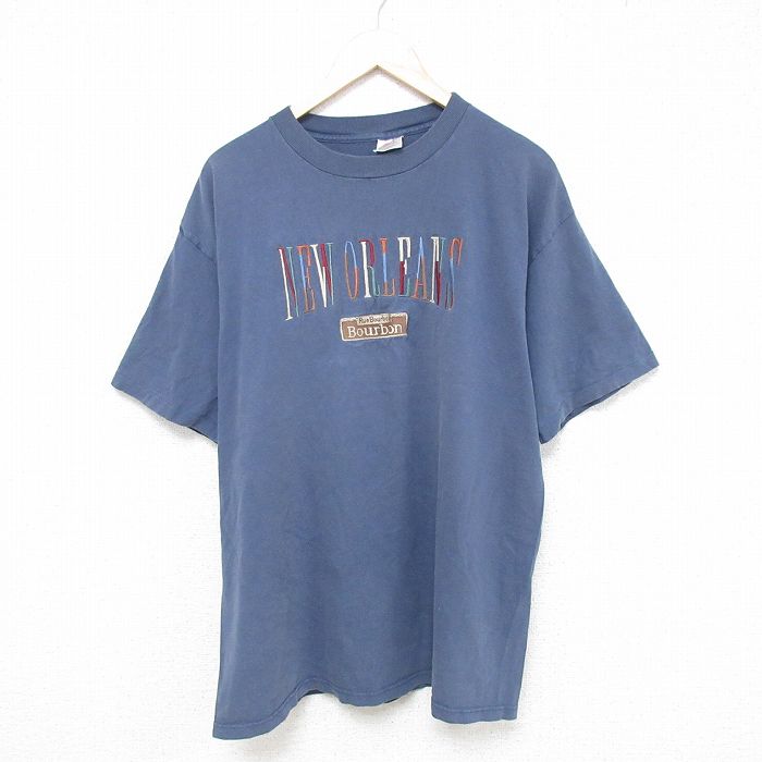 XL★古着 半袖 ビンテージ Tシャツ メンズ 90年代 90s ニューオーリンズ 刺繍 コットン クルーネック USA製 薄紺 ネイビー 25jun14 中古