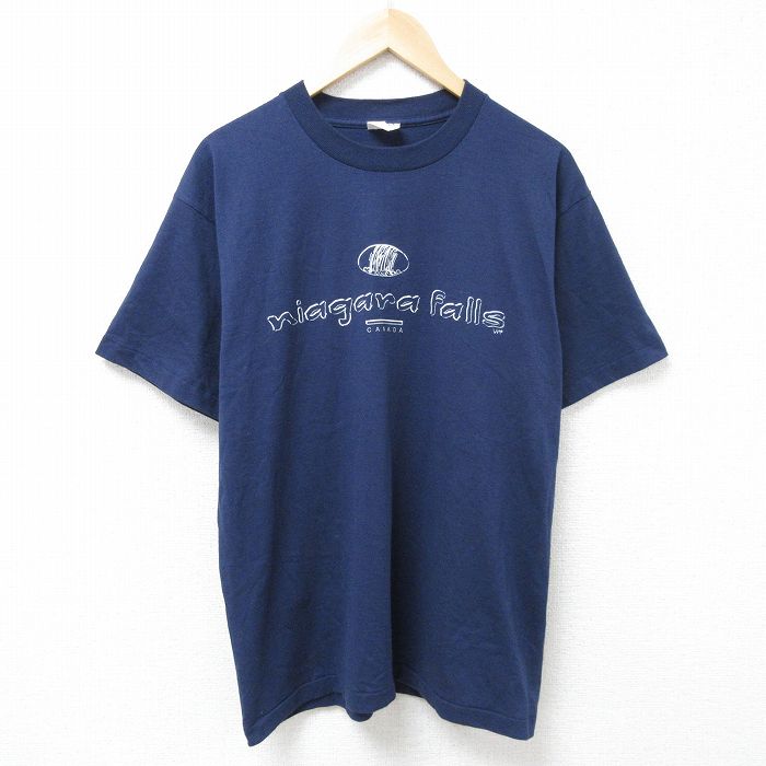 M★古着 半袖 ビンテージ Tシャツ メンズ 90年代 90s ナイアガラの滝 クルーネック カナダ製 紺 ネイビー 25jun14 中古