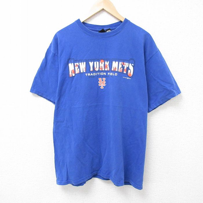 XL★古着 半袖 ビンテージ Tシャツ メンズ 00年代 00s MLB ニューヨックメッツ コットン クルーネック 青 ブルー メジャーリーグ ベースボール 野球 25jun14 中古