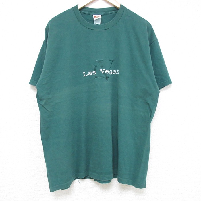 XL★古着 半袖 ビンテージ Tシャツ メンズ 90年代 90s ラスベガス 刺繍コットン クルーネック 緑 グリーン 25jun17 中古