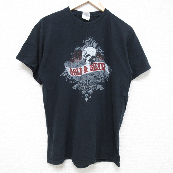 【50%OFF】M★古着 半袖 ビンテージ Tシャツ メンズ 00年代 00s スカル コットン クルーネック 黒 ブラック 25jun17 中古