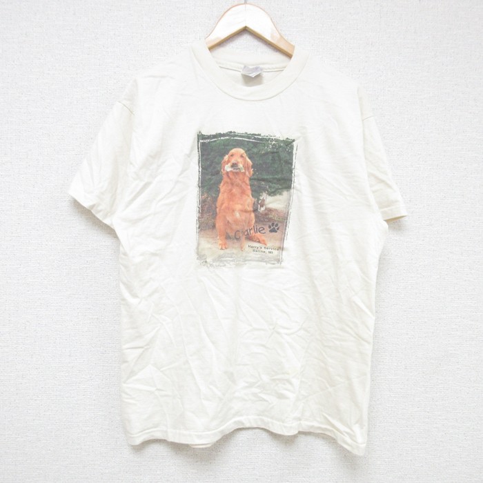 【50%OFF】L★古着 ヘインズ Hanes 半袖 ビンテージ Tシャツ メンズ 90年代 90s 犬 フォトプリント コットン クルーネック USA製 生成り 【spe】 25jun17 中古