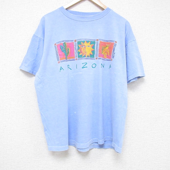 XL★古着 半袖 ビンテージ Tシャツ メンズ 90年代 90s アリゾナ コットン クルーネック USA製 薄紺 ネイビー 25jun17 中古