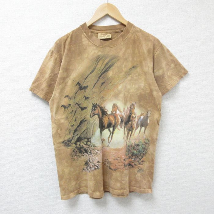 L★古着 半袖 ビンテージ Tシャツ メンズ 00年代 00s 馬 コットン クルーネック 薄茶他 ブラウン タイダイ 25jun17 中古