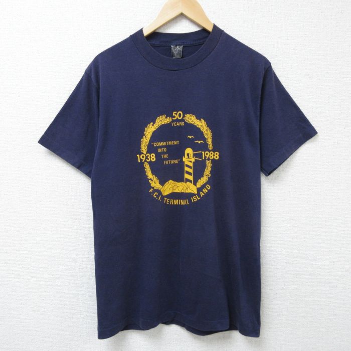 【50%OFF】M★古着 半袖 ビンテージ Tシャツ メンズ80年代 80s 灯台 クルーネック USA製 紺 ネイビー 25jun17 中古 メンズ