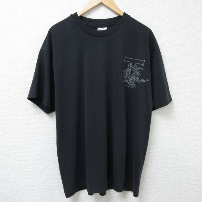 XL★古着 ヘインズ Hanes 半袖 ビンテージ Tシャツ メンズ 90年代 90s ドラゴン クルーネック 黒 ブラック 25jun17 中古
