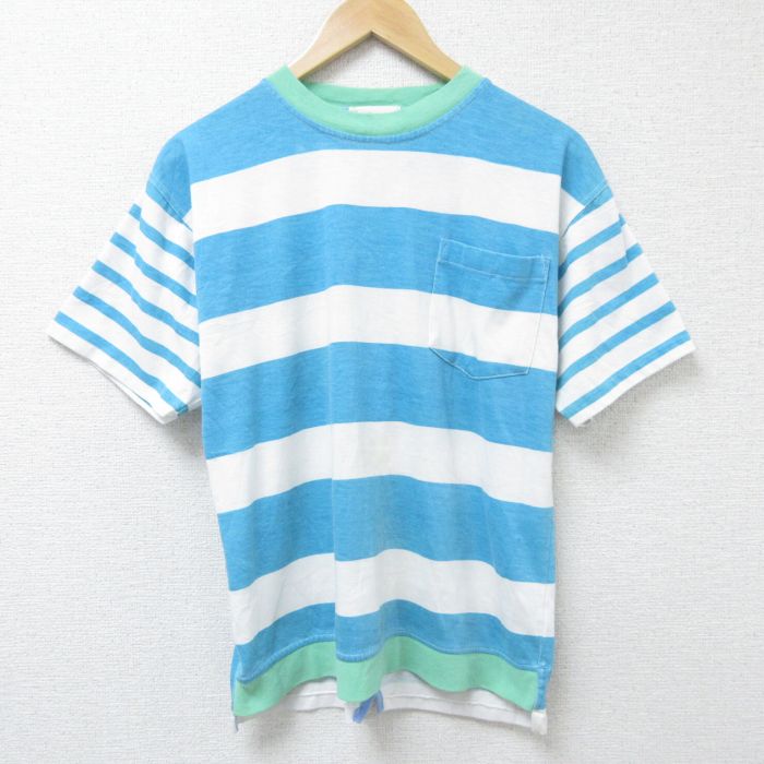 00s 半袖Tシャツ 胸ポケット付き ライトブルーボーダー M | 古着