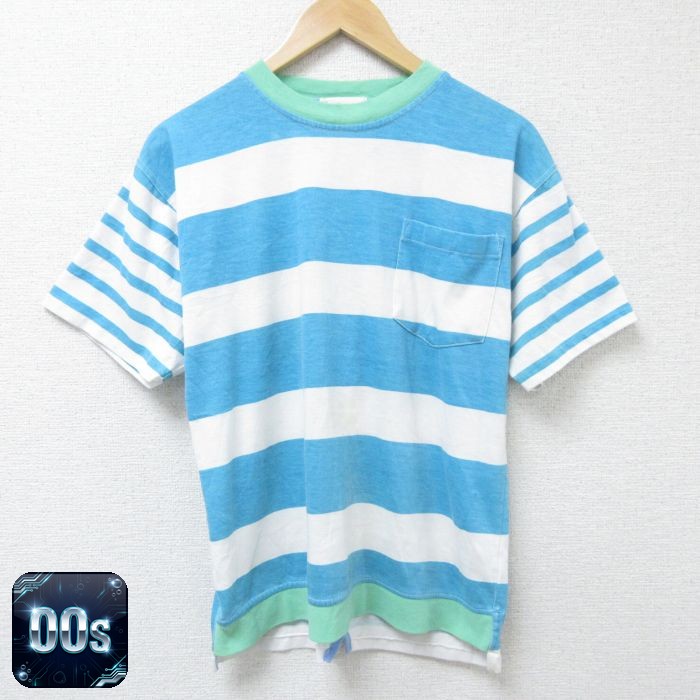 00s 半袖Tシャツ 胸ポケット付き ライトブルーボーダー M | 古着