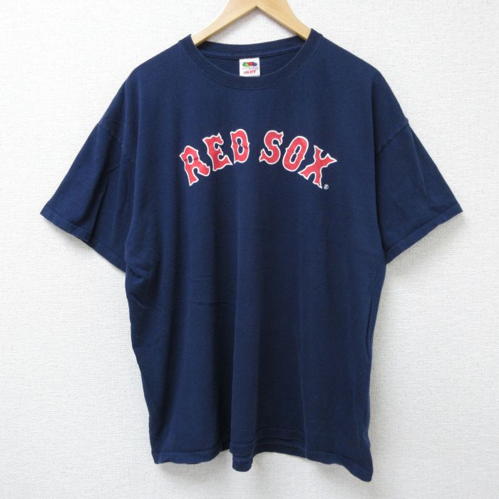 XL★古着 フルーツオブザルーム 半袖 ビンテージ Tシャツ メンズ 00年代 00s MLB ボストンレッドソックス 大きいサイズ コットン クルーネック 紺 ネイビー メジャーリーグ ベースボール 野球 25jun17 中古