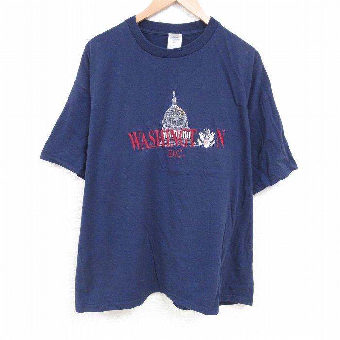 XL★古着 半袖 ビンテージ Tシャツ メンズ 00年代 00s ワシントンDC 刺繍　大きいサイズ コットン クルーネック 紺 ネイビー 25jun20 中古