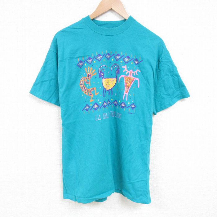 L★古着 ヘインズ Hanes 半袖 ビンテージ Tシャツ メンズ 90年代 90s ココペリ ホピ族 コットン クルーネック USA製 青緑 25jun20 中古