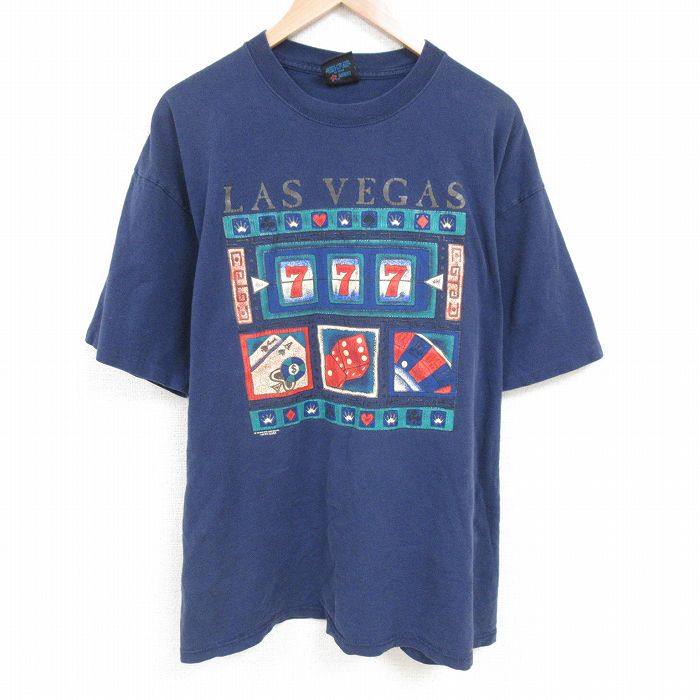 XL★古着 半袖 ビンテージ Tシャツ メンズ 90年代 90s ラスベガス 大きいサイズ コットン クルーネック USA製 紺 ネイビー 25jun20 中古