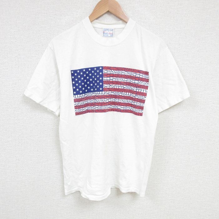 【50%OFF】L★古着 ALL Sport 半袖 ビンテージ Tシャツ メンズ 90年代 90s 星条旗 コットン クルーネック 白 ホワイト 25jun20 中古