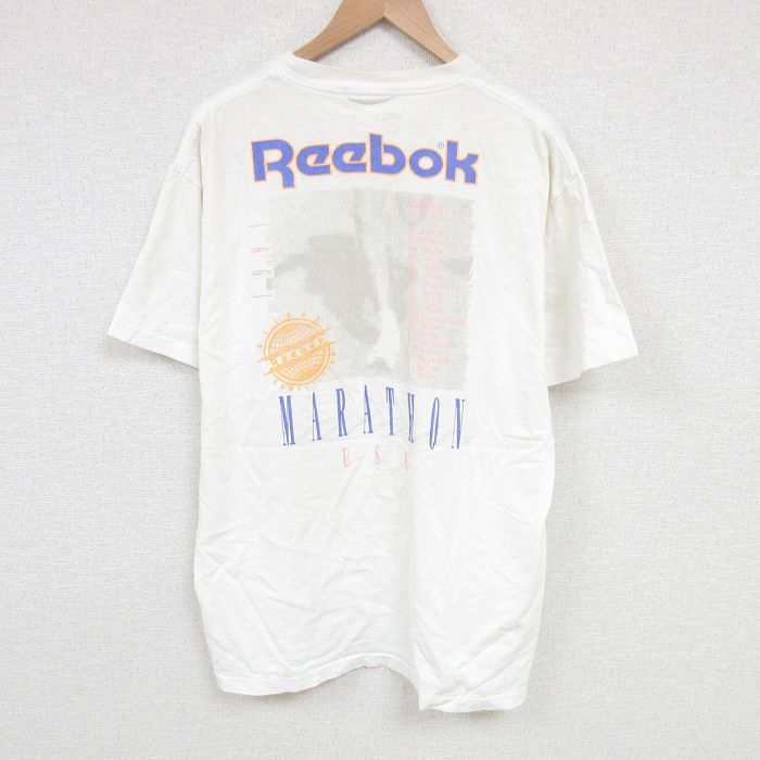 XL★古着 半袖 ビンテージ Tシャツ メンズ 90年代 90s リーボック REEBOK マラソン 大きいサイズ クルーネック 白 ホワイト 25jun20 中古