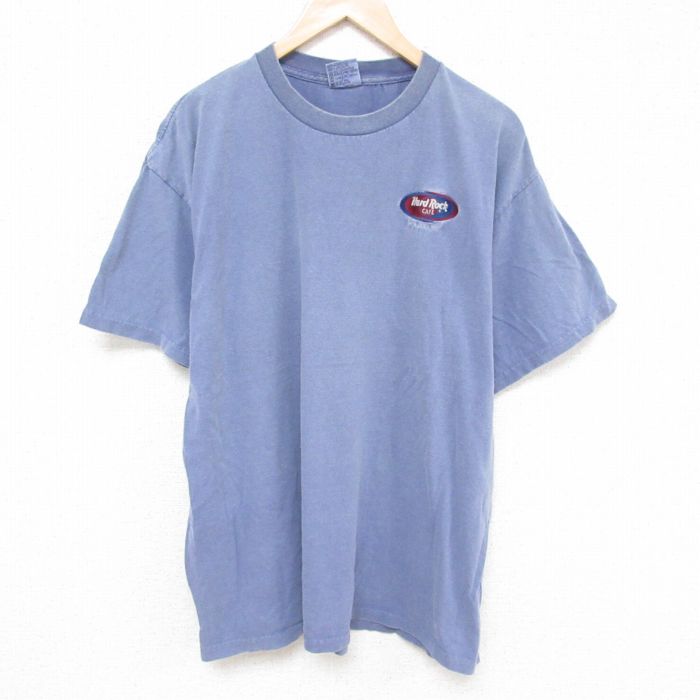 XL★古着 半袖 ビンテージ Tシャツ メンズ 90年代 90s ハードロックカフェ 大きいサイズ コットン クルーネック USA製 薄紺 ネイビー 25jun21 中古