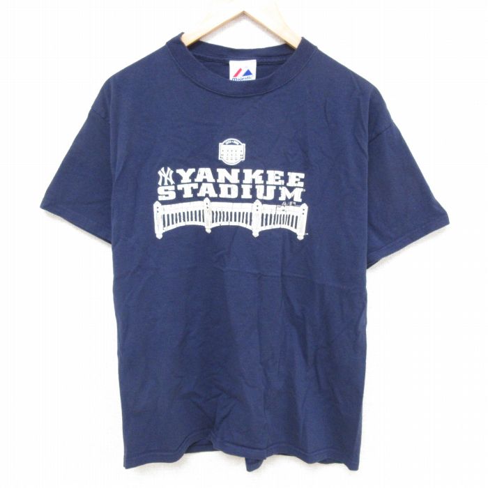 L★古着 マジェスティック 半袖 ビンテージ Tシャツ メンズ 00年代 00s MLB ニューヨークヤンキース スタジアム コットン クルーネック 紺 ネイビー メジャーリーグ ベースボール 野球 25jun21 中古