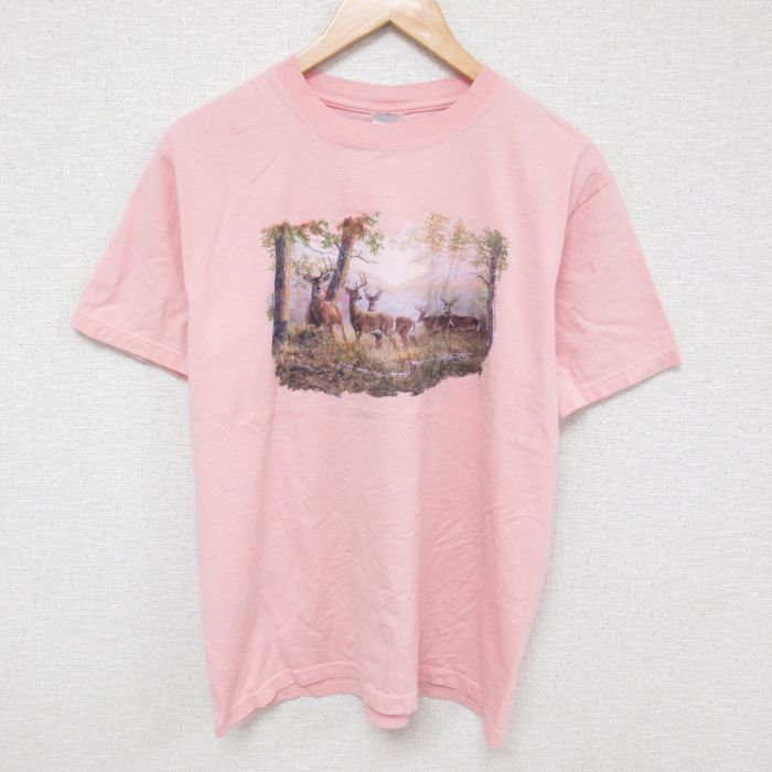 M★古着 半袖 ビンテージ Tシャツ メンズ 00年代 00s シカ コットン クルーネック ピンク 25jun21 中古