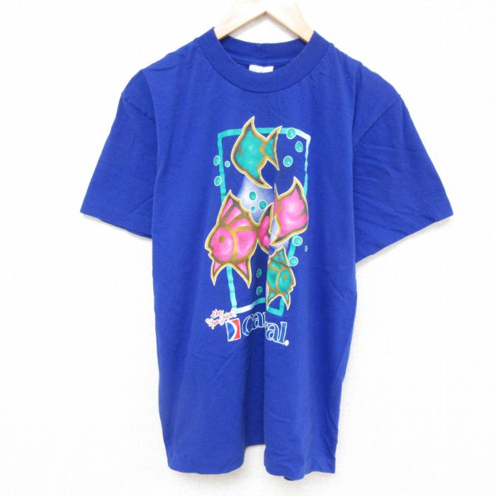 L★古着 半袖 ビンテージ Tシャツ メンズ 90年代 90s 魚 コットン クルーネック 青 ブルー 25jun21 中古