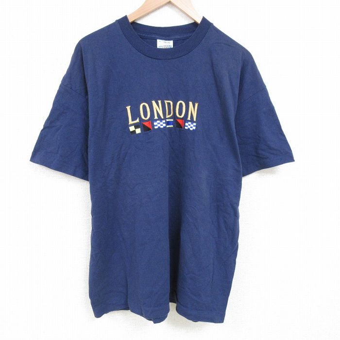XL★古着 スクリーンスターズ 半袖 ビンテージ Tシャツ メンズ 90年代 90s ロンドン 刺繍 大きいサイズ コットン クルーネック 紺 ネイビー 25jun21 中古