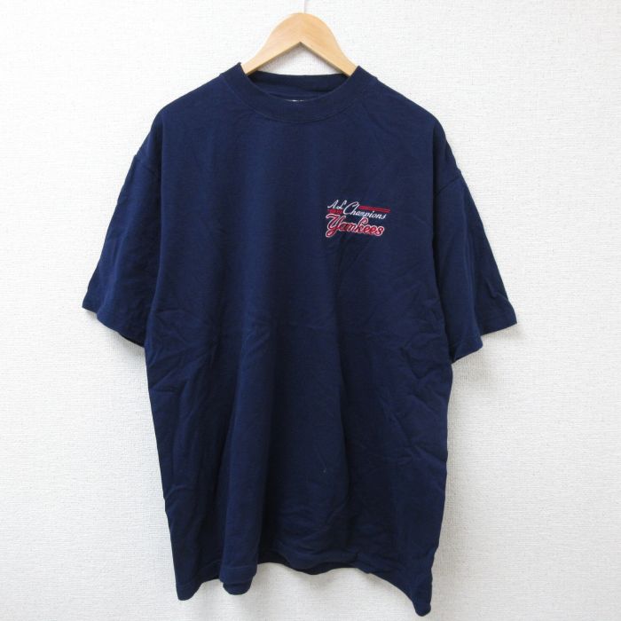 XL★古着 マジェスティック 半袖 ビンテージ Tシャツ メンズ 90年代 90s MLB ニューヨークヤンキース 大きいサイズ コットン クルーネック 紺 ネイビー メジャーリーグ ベースボール 野球 25jun21 中古