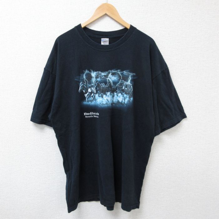 XL★古着 半袖 ビンテージ Tシャツ メンズ 00年代 00s 馬車 大きいサイズ コットン クルーネック 黒 ブラック 25jun21 中古