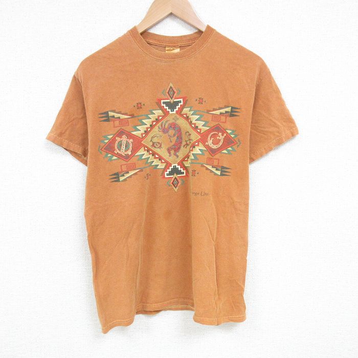 L★古着 半袖 ビンテージ Tシャツ メンズ 00年代 00s ココペリ ホピ族 コットン クルーネック オレンジ 25jun26 中古