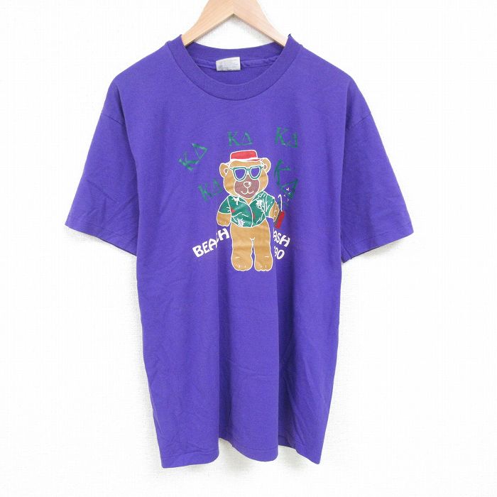 XL★古着 ヘインズ Hanes 半袖 ビンテージ Tシャツ メンズ 90年代 90s クマ クルーネック USA製 紫 パープル 25jun26 中古