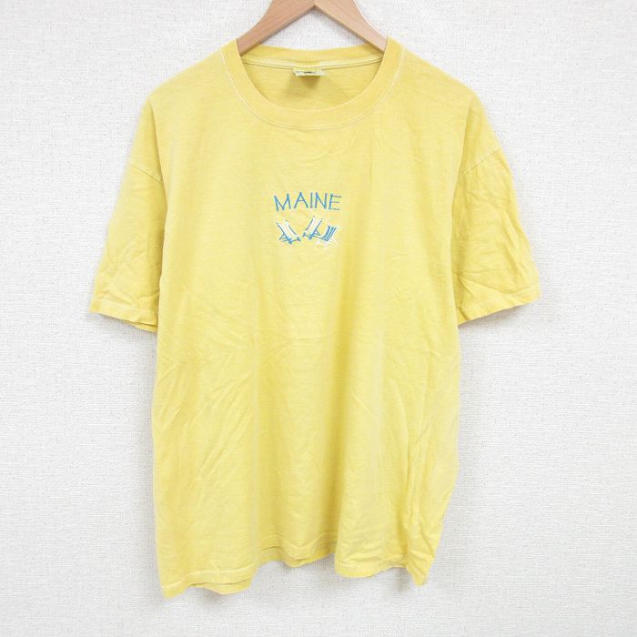 XL★古着 半袖 ビンテージ Tシャツ メンズ 00年代 00s MAINE 刺繍 大きいサイズ コットン クルーネック 黄 イエロー 25jun26 中古