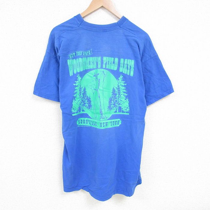 XL★古着 半袖 ビンテージ Tシャツ メンズ 90年代 90s ウッズマン 大きいサイズ ロング丈 クルーネック 青 ブルー 25jun26 中古