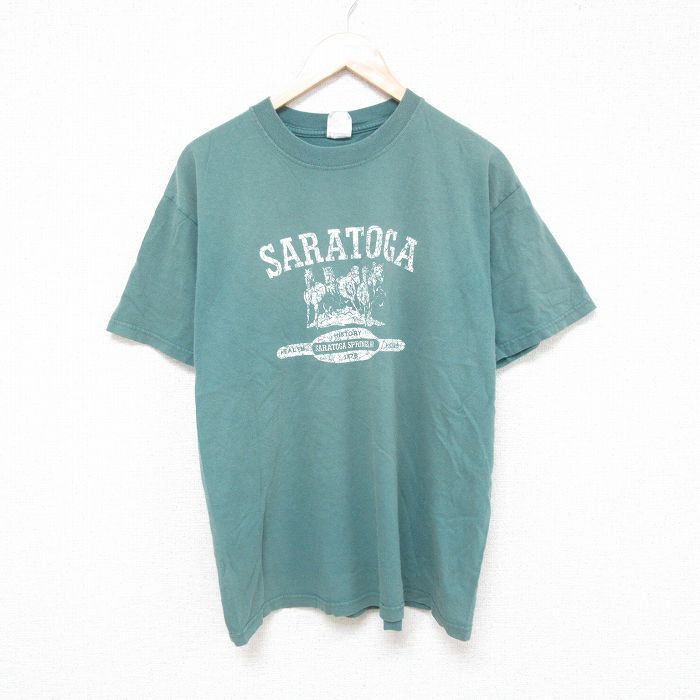 L★古着 半袖 ビンテージ Tシャツ メンズ 00年代 00s 馬 コットン クルーネック 薄緑 グリーン 25jun23 中古