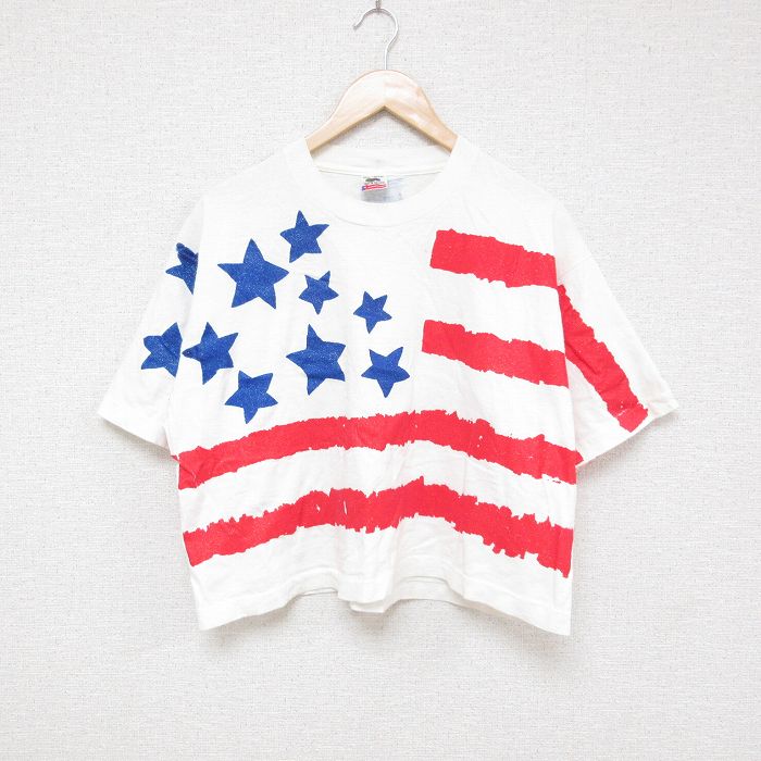 XL★古着 フルーツオブザルーム 半袖 ビンテージ Tシャツ メンズ 90年代 90s 星条旗 全面プリント ショート丈 コットン クルーネック USA製 白 ホワイト 25jun23 中古