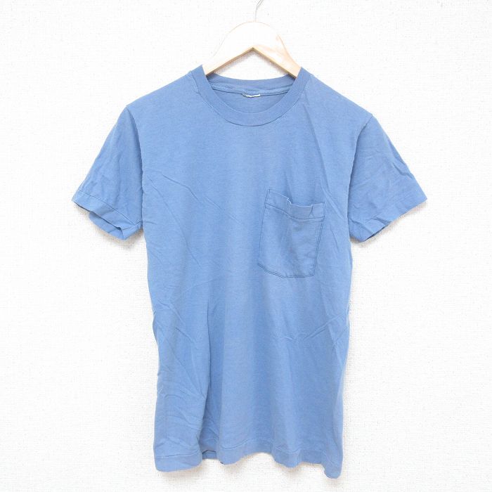 S★古着 半袖 ビンテージ Tシャツ メンズ 80年代 80s 無地 胸ポケット付き クルーネック 薄紺 ネイビー 25jun23 中古