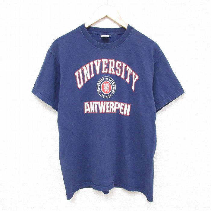M★古着 フルーツオブザルーム 半袖 ビンテージ Tシャツ メンズ 00年代 00s ANTWERPEN カレッジ コットン クルーネック 紺 ネイビー 25jun23 中古
