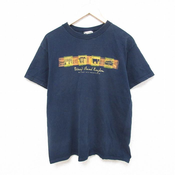 L★古着 半袖 ビンテージ Tシャツ メンズ 00年代 00s ディズニー DISNEY アニマルキングダム コットン クルーネック 紺 ネイビー 25jun23 中古